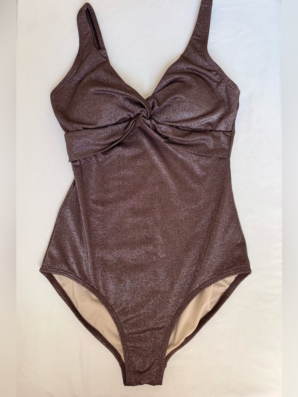 Bronze Metallic Shimmer One Piece Swimsuit Twist Front Underwire V-Neck Size 16